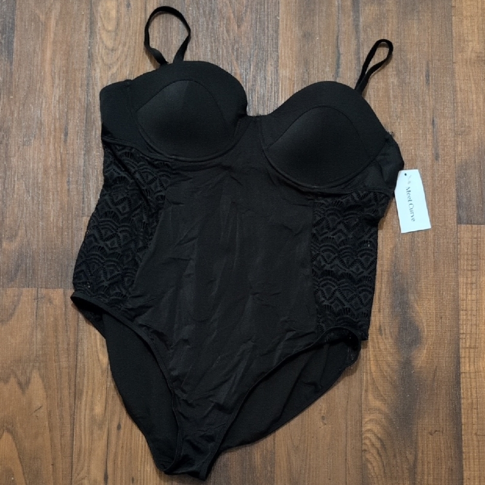 NWT Meet Curve 2XL Black Lace Underwire One-Piece Swimsuit